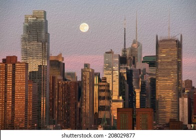 oil painting vibrant new york city late evening, usa