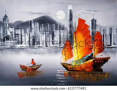 Oil Painting - Victoria Harbor, Hong Kong