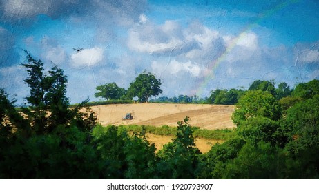 Oil painting of a view across the English countryside in Summer with a tractor in the agricultural fields in the distance