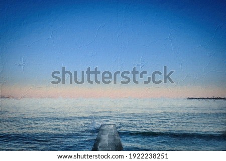 Similar – polaroid shows rear view of a woman in a stiff dress standing by the sea. north sea