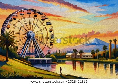 Oil painting, watercolor illustration of a sunset sky of the landscape with people, palm trees and a Ferris wheel at the music festival Coachella.