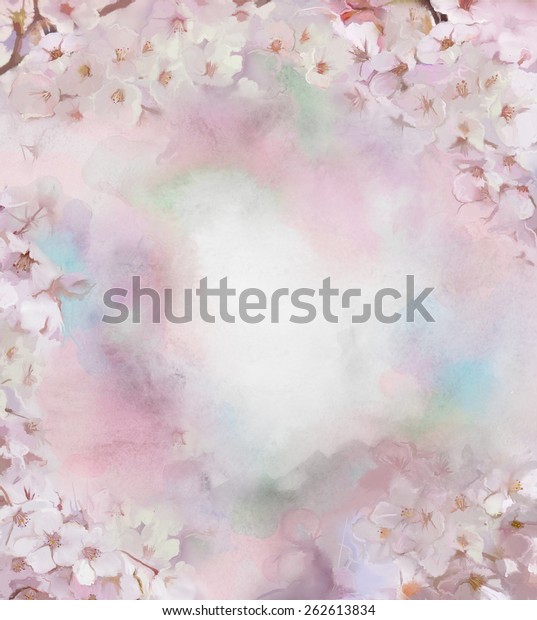 油彩白い桜桜桜桜 柔らかい色の花と背景にぼかしたスタイルで 甘いピンクと緑の青 ビンテージ花柄の春の自然の背景 のイラスト素材