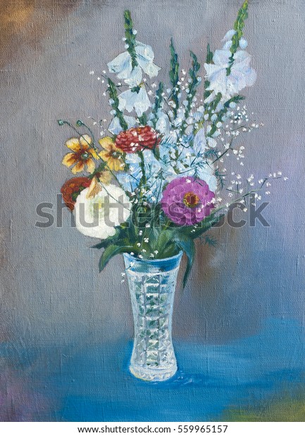 Oil Painting Wild Flowers Glass Vase Stock Illustration 559965157