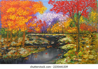 Oil painting of Winter river running through colorful autumn forest