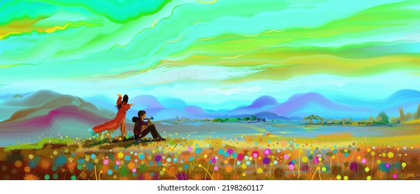 Oil Painting Of Woman Dancing In Red And Young Man With Violin And  Colorful Of Field Flowers. Abstract Landscape Oil Paintings On Canvas, Acrylic Painting Of Sky Clouds, Spring Flowers. Modern Art.