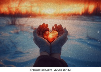 Oil painting, Woman hands in winter gloves Heart symbol shaped Lifestyle sunset on background. - Powered by Shutterstock