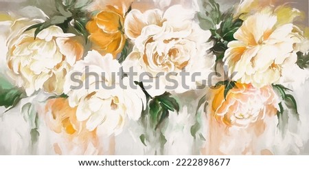 Oil painting with yellow flower rose, peonies, gold leaves. Botanic print background on canvas -  floral triptych In Interior, art.  