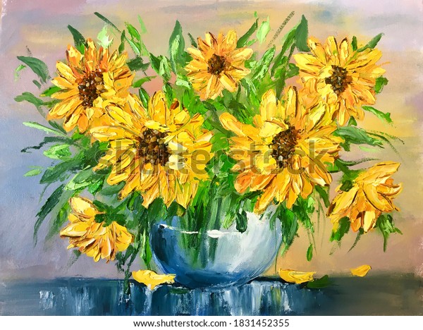 Oil painting yellow flowers. sunflowers\
in a vase. Yellow oil paints. Artistic colorful painting on canvas.\
hobby drawing. Painting canvas\
handmade