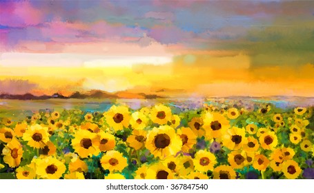 Oil painting yellow- golden Sunflower, Daisy flowers in fields. Sunset meadow landscape with wildflower, hill and sky in orange, blue violet  background. Hand Paint summer floral Impressionist style