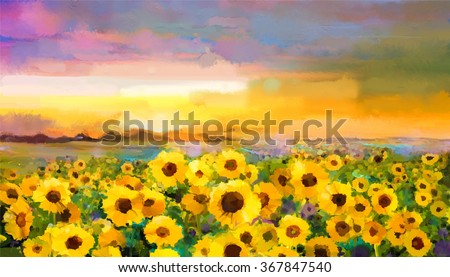 Oil painting yellow- golden Sunflower, Daisy flowers in fields. Sunset meadow landscape with wildflower, hill and sky in orange, blue violet  background. Hand Paint summer floral Impressionist style
