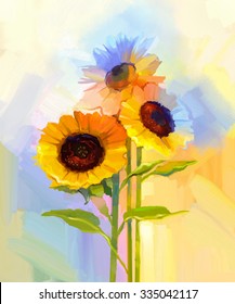 Oil painting yellow sunflowers with green leaves. Hand painted Still life flower in soft yellow, blue green color background.