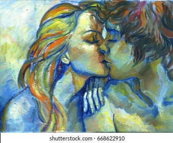 Oil painting of a young couple in love, boy and girl kissing