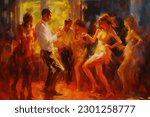 Oil painting, Young people dancing in night club.