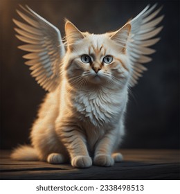 oil painting.A cute little white cat flying on its wings of angel. - Powered by Shutterstock