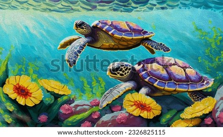 Oil painting,A turtle and flowers, in big sea.