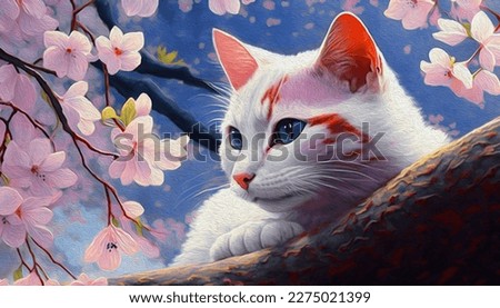 Oil painting,Cat is relaxing seeing cherry blossom.
