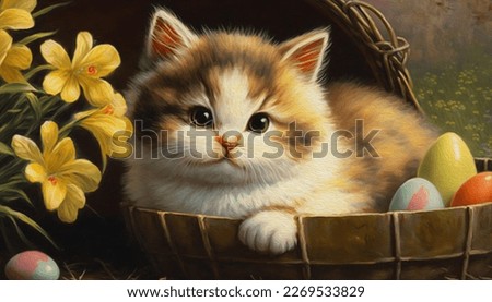 Oil painting,Easter cute kitten, cartoon style