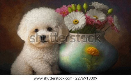 oil painting,Fluffy white bichon puppy and flowers in a vase