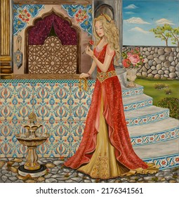 Oil Painting.girl Figure In The Garden.Islamic Motifs And Tile Art.hand Drawing