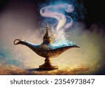 oil painting.Magic lamp from the story of Aladdin in smoke concept for wishing, luck and magic