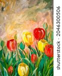 Oil paintings landcape, tulips in garden,  fine art