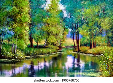 Oil paintings landscape, autumn landscape with trees and lake