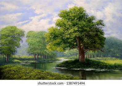 Oil paintings  landscape, fine art. Forest, river.