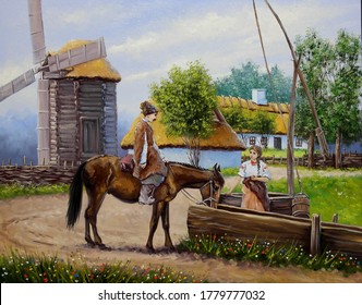 Oil Paintings Landscape, Fine Art, Horse, Cossak And Girl. Ukrainian Village.