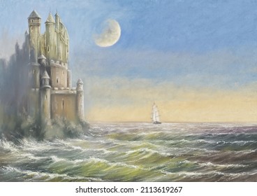 Oil Paintings Landscape, Fine Art, Castle In The Mountains. Sea Landscape With Sailing Ship And Castle On Rock, Moon Over The Ocean