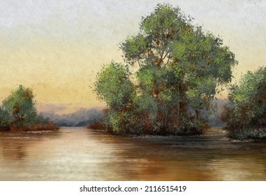 Oil Paintings Landscape, Morning In The Forest,  Landscape With A River