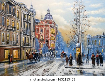 Oil Paintings Landscape, Old City, Street In Winter. Fine Art