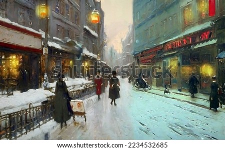 Oil paintings landscape, people walking in the city, people walking on the street. Painting in the style of impressionism, people walking on the street in winter