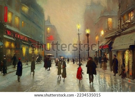 Oil paintings landscape, people walking in the city, people walking on the street. ing in the city, people walking on the street. Painting in the style of impressionism