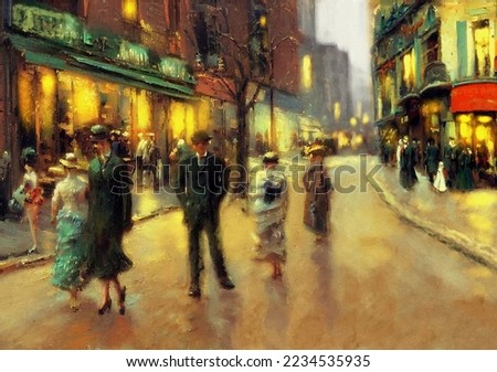 Oil paintings landscape, people walking in the city, people walking on the street. Painting in the style of impressionism