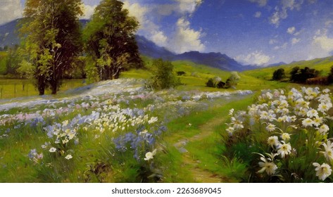 Oil paintings landscape,  spring in the mountains, landscape in the mountains - Powered by Shutterstock