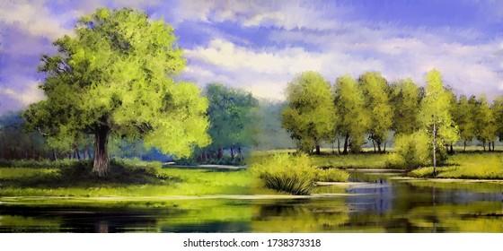 Oil Paintings Landscape, Landscape With Trees And Lake. Fine Art