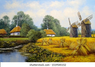 Oil Paintings, Old Village, Rural Landscape With Windmill. Fine Art, Artwork.