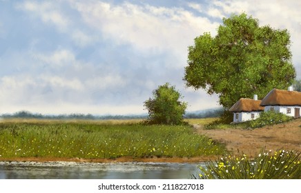 Oil Paintings Rural Landscape, Artwork, Landscape With A River, Old House On The Lake