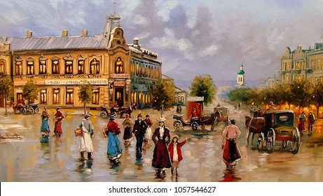 Oil Paintings Rural Landscape. Fine Art. Old City.