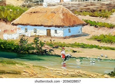 Oil paintings rural landscape, old house, village in the countryside