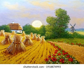 Oil Paintings Rural Landscape, Village In Ukraine, Old Windmill In The Field. Fine Art.
