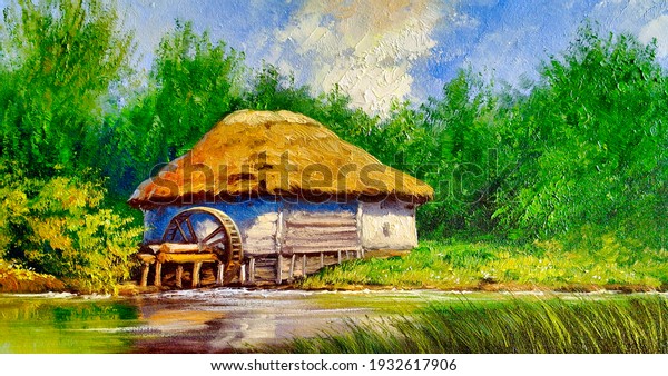 Oil Paintings Rural Landscape Watermill Old Stock Illustration 1932617906