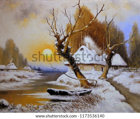 Oil paintings rural landscape. Winter, old village. Fine art