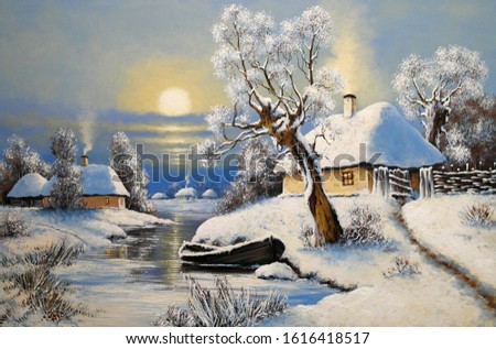 Oil paintings rural landscape, winter landscape with trees and snow, boat in river. Fine art.