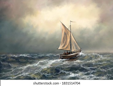 Oil Paintings Sea Landscape Ship Sea Stock Illustration 1671941584 ...