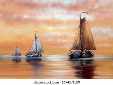 Oil Paintings Sea Landscape, Sailboat At Sunset. Fine Art.