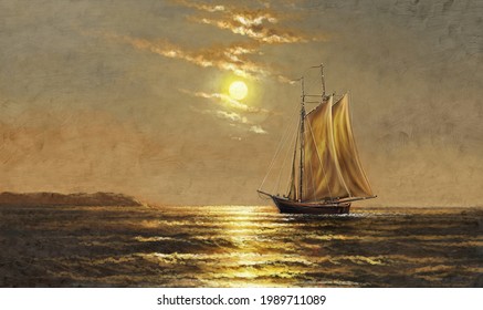 Oil paintings sea landscape, sailing ship in the sunset. Fine art
