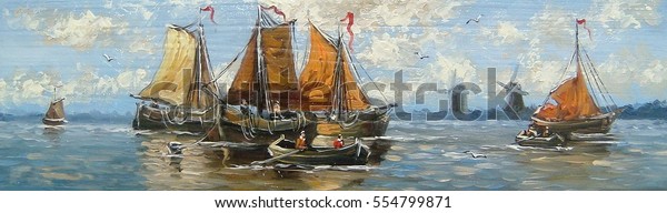 Oil paintings, sea, boats, art for wallpaper mural customization