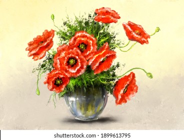 Oil Paintings Still Life, Poppies, Red Flowers In A Vase. Fine Art.