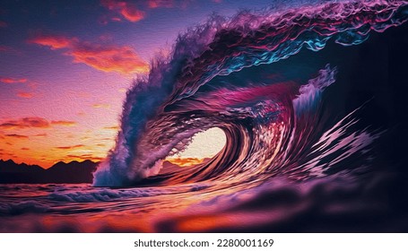 Oil painting,Sunset Perfection,A stunning and barrel wave in the ocean,and  the sunset is after a typhoon with stunning pinks and purples and hints. - Powered by Shutterstock